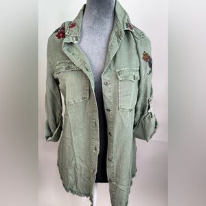 Billy T Embroidered Utility Jacket Sage Green Boho Floral Raw Hem